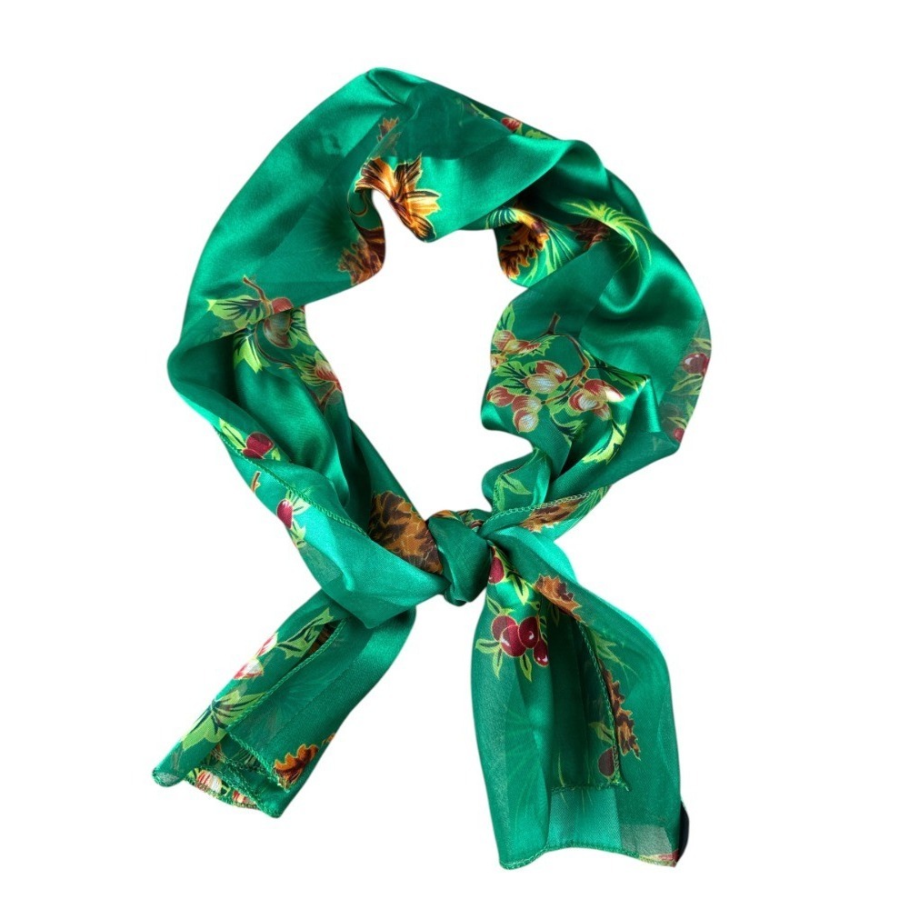 Vintage Silky Neck Scarf Green Acorn Berry Print 59" Long‎ Made in Korea Boho
